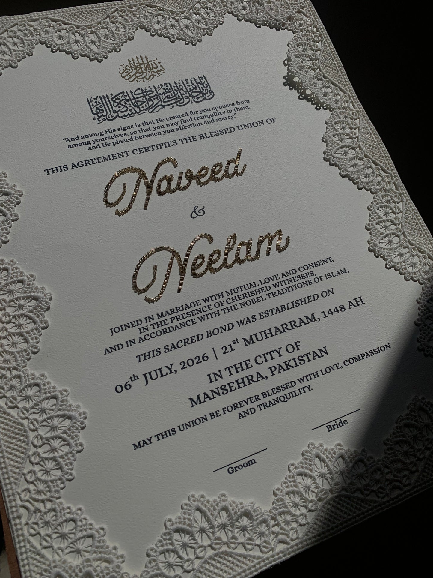 Beaded Nikkahnama with milky lace borders