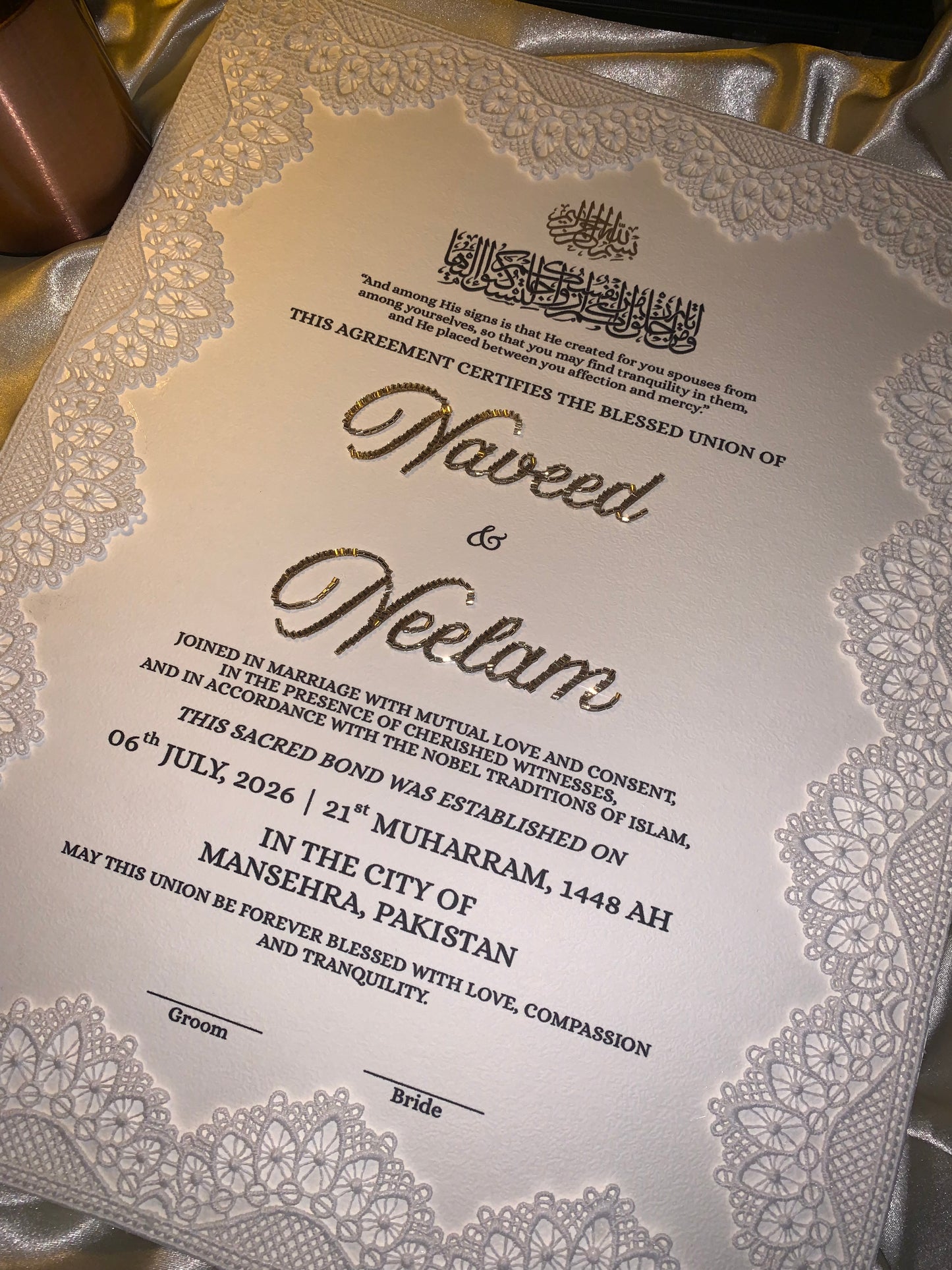 Beaded Nikkahnama with milky lace borders