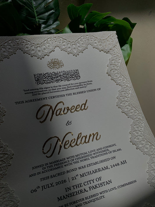 Beaded Nikkahnama with milky lace borders